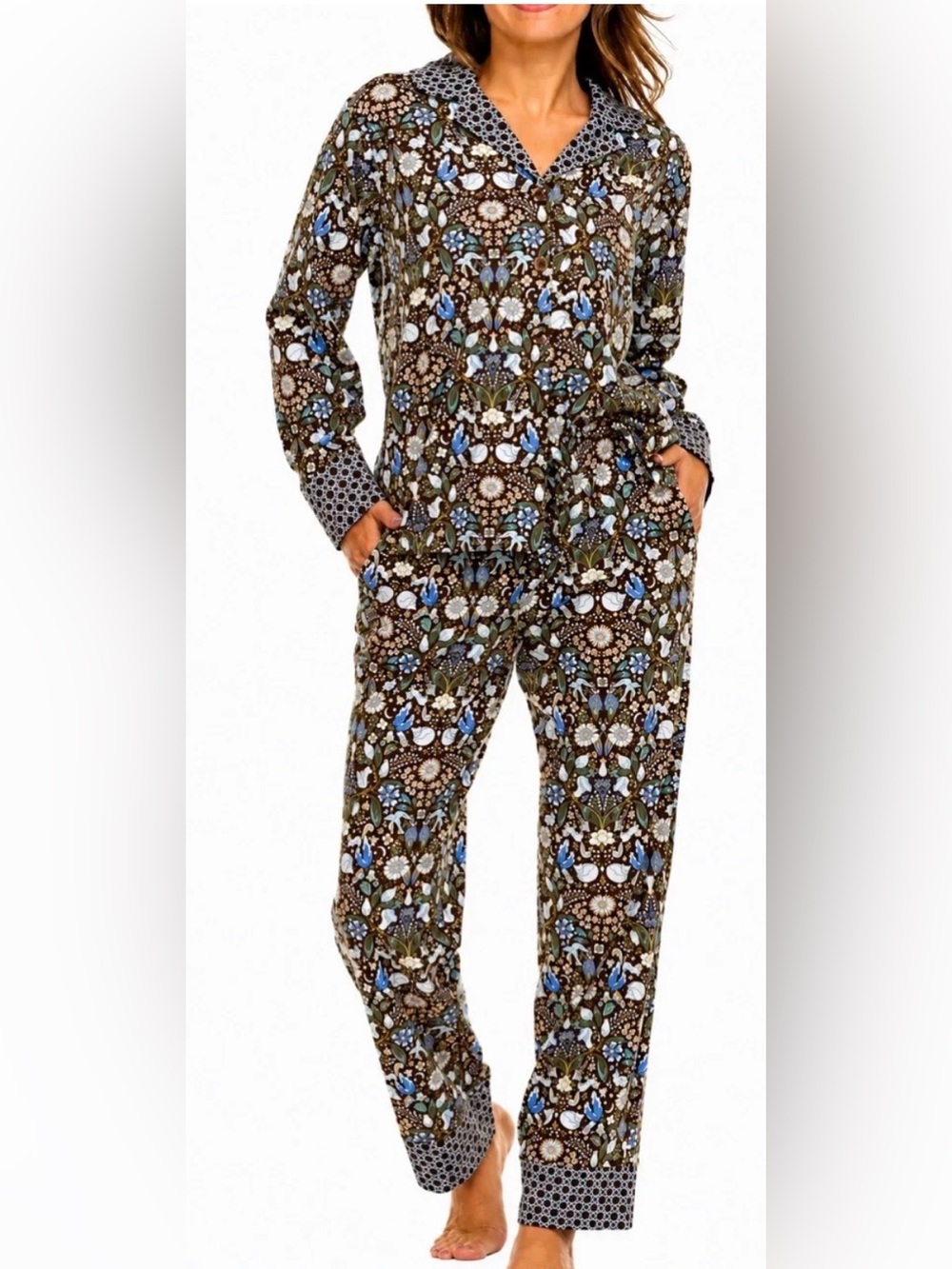 Vera Bradley 💙 Button-Up Shirt with Blue & Green Floral Forest Pajamas Lounge